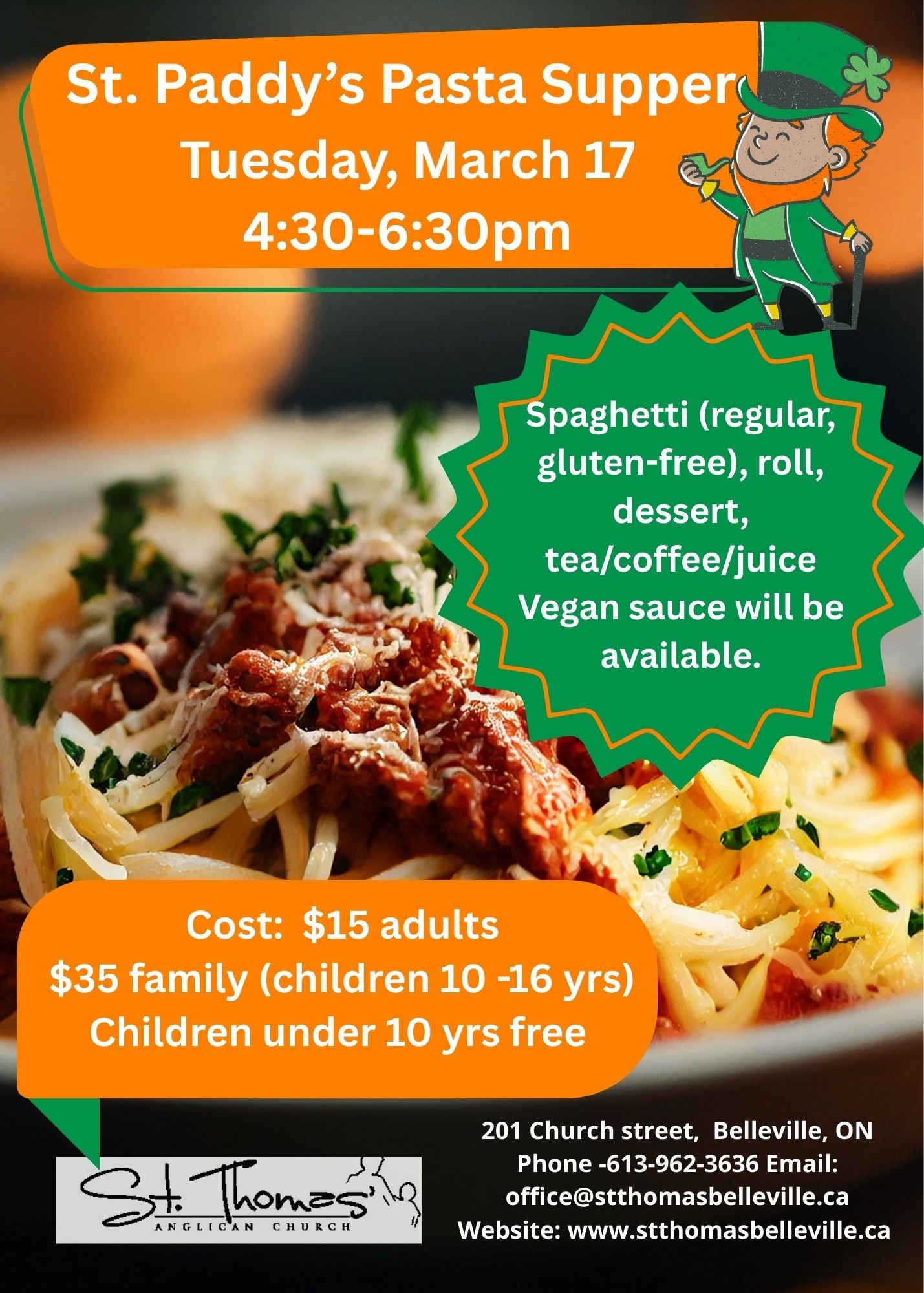 1. Spaghetti Supper – Today, May 4th starting at 5 pm Spaghetti (regular, gluten-free), roll, dessert, teacoffeejuice Vegetarian sauce will be available. Cost $15 adults $35 family (children 10 -1-3